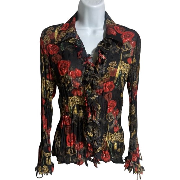 Violet & Claire Blouse Size S Sheer Floral Ruffled Pleated Fringe Long Sleeve - Picture 1 of 8